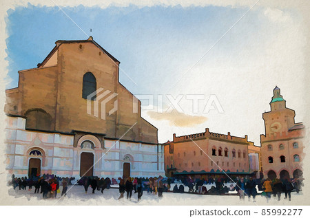 Watercolor drawing of Basilica di San Petronio church building facade and Palazzo d'Accursio (Palazzo Comunale) palace 85992277