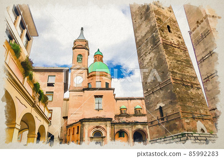Watercolor drawing of Two medieval towers of Bologna Le Due Torri 85992283