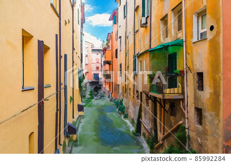 Watercolor drawing of Canale delle Moline canal La Piccola Venezia Finestrella between buildings in old historical city centre of Bologna 85992284