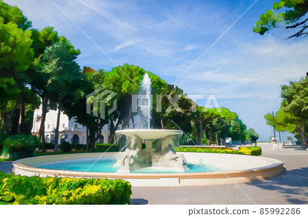 Watercolor drawing of Quattro cavalli Four horses fountain with turquoise water in Parco Federico Fellini park 85992286
