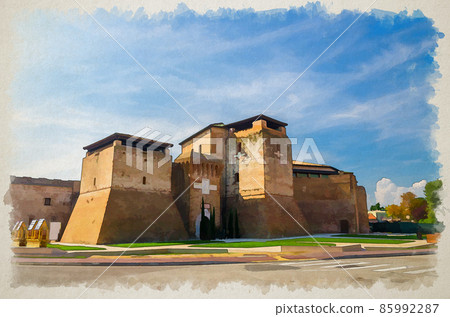 Watercolor drawing of Castel Sismondo brick castle with tower on Piazza Malatesta square Watercolor drawing of Castel Sismondo brick castle with tower on Piazza Malatesta square 85992287