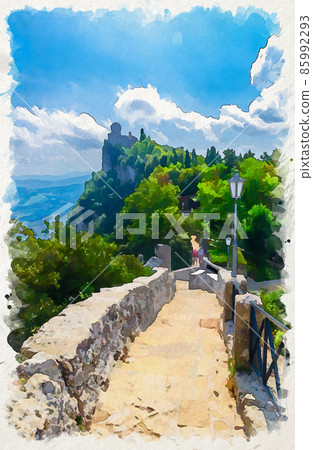 Watercolor drawing of Republic San Marino Seconda Torre La Cesta second fortress tower 85992293