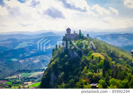 Watercolor drawing of Republic San Marino Seconda Torre La Cesta second fortress tower 85992294