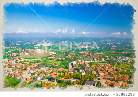 Watercolor drawing of Aerial top panoramic view of landscape with valley, green hills, fields and villages of Republic San Marino 85992298