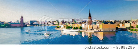 Watercolor drawing of Aerial panoramic view of Stockholm with Old town Gamla Stan 85992299