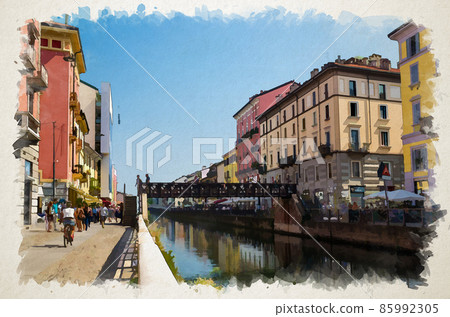 Watercolor drawing of Milan Bridge Pont de fer across water of Naviglio Grande grand canal waterway Watercolor drawing of Milan Bridge Pont de fer across water of Naviglio Grande grand canal waterway 85992305