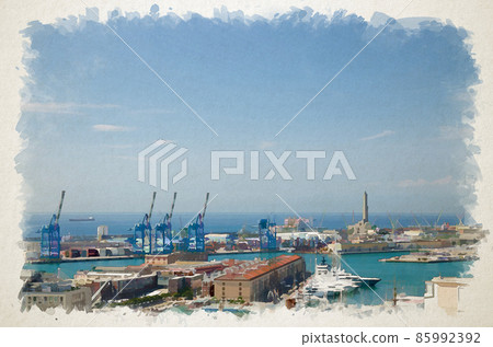 Watercolor drawing of Top aerial scenic panoramic view of old Port with Lighthouse Watercolor drawing of Top aerial scenic panoramic view of old Port with Lighthouse 85992392
