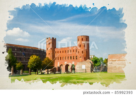 Watercolor drawing of Palatine Gate Porta Palatina towers brick buildings Roman Age city Watercolor drawing of Palatine Gate Porta Palatina towers brick buildings Roman Age city 85992393