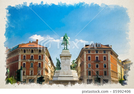 Watercolor drawing of Monument Giuseppe Garibaldi statue on Largo Cairoli square Watercolor drawing of Monument Giuseppe Garibaldi statue on Largo Cairoli square 85992406