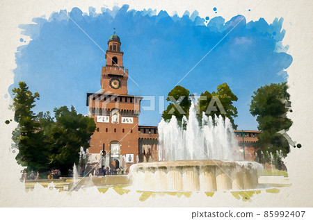 Watercolor drawing of Old medieval Sforza Castle Castello Sforzesco Watercolor drawing of Old medieval Sforza Castle Castello Sforzesco 85992407