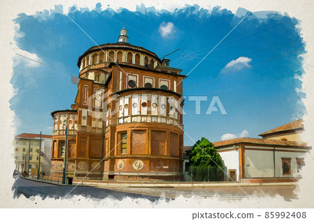 Watercolor drawing of Santa Maria delle Grazie church brick building 85992408