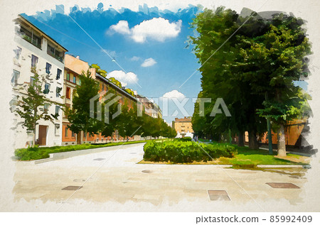 Watercolor drawing of Piazza Sant'Ambrogio square alley street with green trees Watercolor drawing of Piazza Sant'Ambrogio square alley street with green trees 85992409