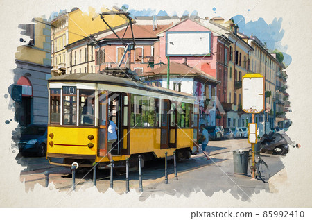 Watercolor drawing of Milan: people is getting enter old yellow traditional tram 85992410