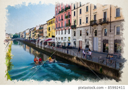 Watercolor drawing of Milan: people is sailing on motor boats in water of Naviglio Grande grand canal waterway 85992411