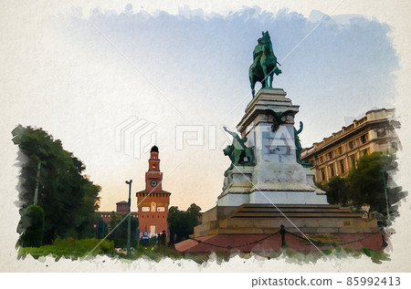 Watercolor drawing of Monument Giuseppe Garibaldi statue Watercolor drawing of Monument Giuseppe Garibaldi statue 85992413