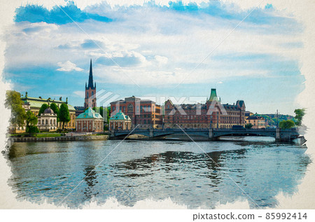 Watercolor drawing of Scenic panoramic view of historical centre Riddarholmen with Church 85992414