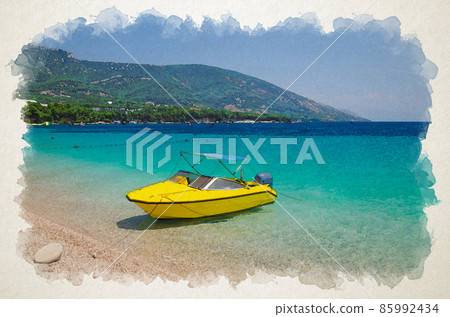 Watercolor drawing of Yellow boat on beautiful sea water near the cape Zlatni Rat beach Golden Horn of Brac Island 85992434
