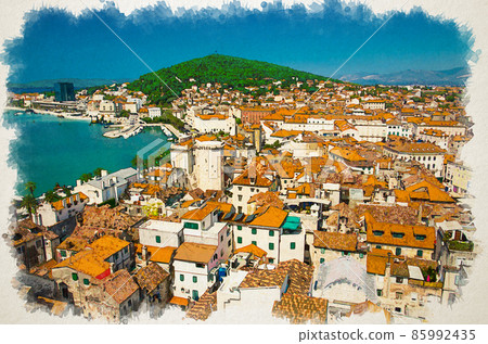 Watercolor drawing of Marine waterfront, old buildings with orange roofs and Marjan hill aerial view from venetian Saint Domnius bell tower 85992435