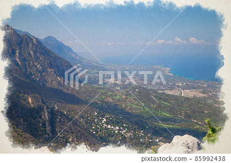 Watercolor drawing of View of Kyrenia Girne mountains from medieval Saint Hilarion Castle Watercolor drawing of View of Kyrenia Girne mountains from medieval Saint Hilarion Castle 85992438