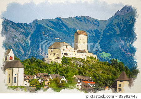 Watercolor drawing of Old castle in front of mountains Alps near Vaduz town 85992445