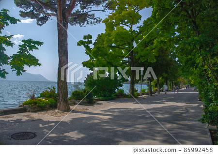 Watercolor drawing of Promenade embankment with blooming flowers and green trees near Lake Leman Lake Geneva in front of mountains Alps in Montreux city Watercolor drawing of Promenade embankment with blooming flowers and green trees near Lake Leman Lake Geneva in front of mountains Alps in Montreux city 85992458
