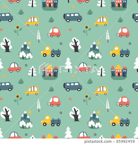 Cute Cars Seamless Pattern, Cartoon transportation Doodles Background, vector Illustration 85992459