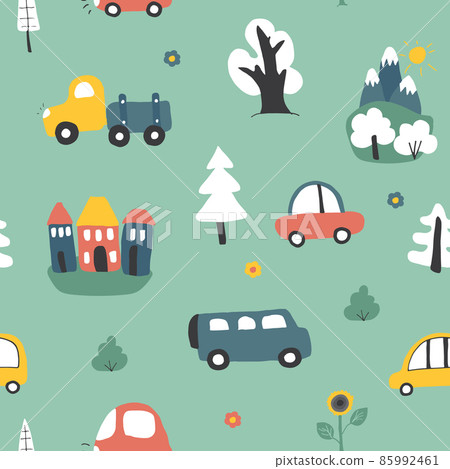Cute Cars Seamless Pattern, Cartoon transportation Doodles Background, vector Illustration 85992461