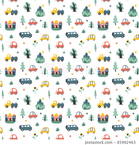 Cute Cars Seamless Pattern, Cartoon transportation Doodles Background, vector Illustration 85992463