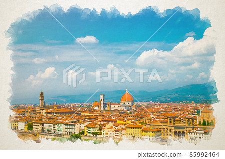 Watercolor drawing of Top aerial panoramic view of Florence city with Duomo Cattedrale di Santa Maria del Fiore cathedral Watercolor drawing of Top aerial panoramic view of Florence city with Duomo Cattedrale di Santa Maria del Fiore cathedral 85992464