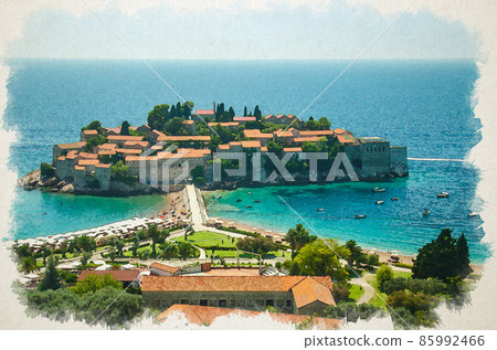 Watercolor drawing of Saint Stephen Sveti Stefan island with buildings with red tiled roofs near Budva Watercolor drawing of Saint Stephen Sveti Stefan island with buildings with red tiled roofs near Budva 85992466