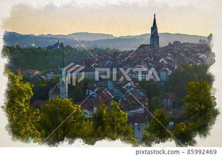 Watercolor drawing of Panoramic aerial view of historic old city center of Bern Watercolor drawing of Panoramic aerial view of historic old city center of Bern 85992469