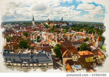 Watercolor drawing of View of Old Tallinn with traditional red tile roofs, medieval churches Watercolor drawing of View of Old Tallinn with traditional red tile roofs, medieval churches 85992480