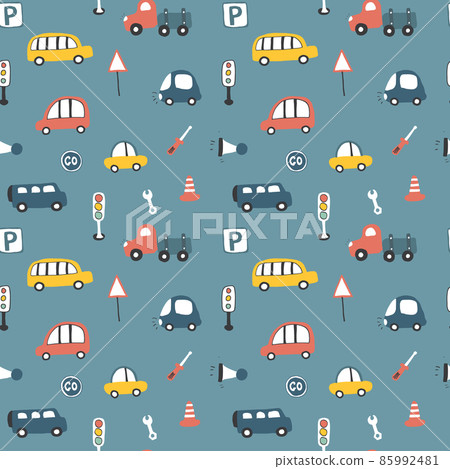 Cute Cars Seamless Pattern, Cartoon transportation Doodles Background, vector Illustration Cute Cars Seamless Pattern, Cartoon transportation Doodles Background, vector Illustration 85992481