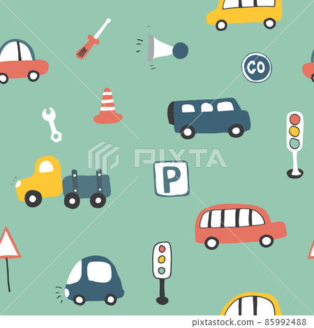 Cute Cars Seamless Pattern, Cartoon transportation Doodles Background, vector Illustration 85992488