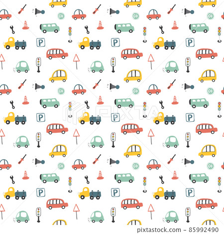 Cute Cars Seamless Pattern, Cartoon transportation Doodles Background, vector Illustration Cute Cars Seamless Pattern, Cartoon transportation Doodles Background, vector Illustration 85992490