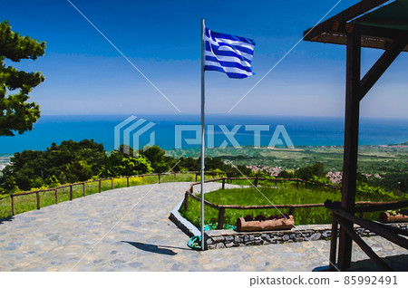 Watercolor drawing of Panoramic view of Thermaikos Gulf of Aegean sea and Khalkidiki or Halkidiki Watercolor drawing of Panoramic view of Thermaikos Gulf of Aegean sea and Khalkidiki or Halkidiki 85992491