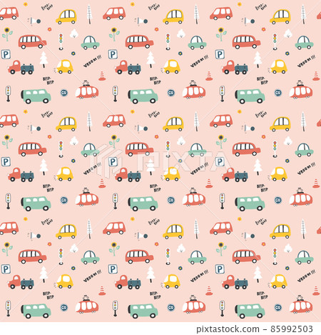 Cute Cars Seamless Pattern, Cartoon transportation Doodles Background, vector Illustration Cute Cars Seamless Pattern, Cartoon transportation Doodles Background, vector Illustration 85992503