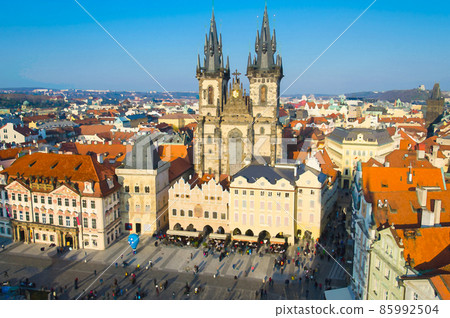 Watercolor drawing of View of Old town square with old buildings and Church of Our Lady before Tyn in the stare mesto from platform of Old Town Hall Watercolor drawing of View of Old town square with old buildings and Church of Our Lady before Tyn in the stare mesto from platform of Old Town Hall 85992504