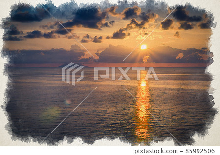 Watercolor drawing of Aerial view of beautiful amazing sea sunset, seascape and endless horizon with color dramatic sky with clouds and volcano hill mountain island Stromboli Watercolor drawing of Aerial view of beautiful amazing sea sunset, seascape and endless horizon with color dramatic sky with clouds and volcano hill mountain island Stromboli 85992506