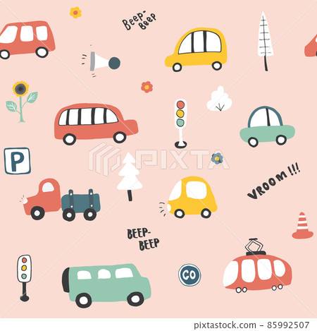 Cute Cars Seamless Pattern, Cartoon transportation Doodles Background, vector Illustration Cute Cars Seamless Pattern, Cartoon transportation Doodles Background, vector Illustration 85992507