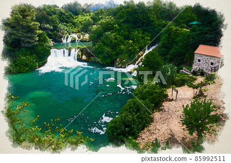 Watercolor drawing of Beautiful river waterfalls among green plants, trees, forests and stone mill building with orange tile roof In Krka National Park 85992511