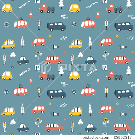 Cute Cars Seamless Pattern, Cartoon transportation Doodles Background, vector Illustration 85992512