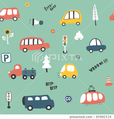 Cute Cars Seamless Pattern, Cartoon transportation Doodles Background, vector Illustration Cute Cars Seamless Pattern, Cartoon transportation Doodles Background, vector Illustration 85992514