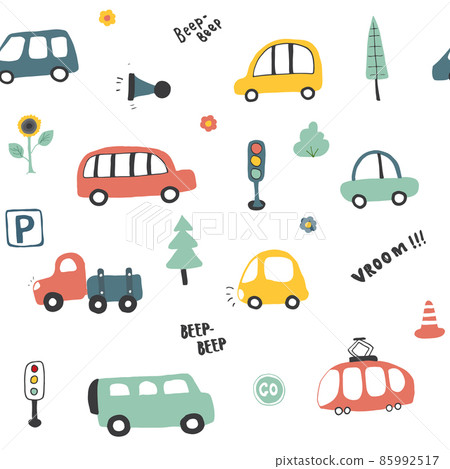 Cute Cars Seamless Pattern, Cartoon transportation Doodles Background, vector Illustration Cute Cars Seamless Pattern, Cartoon transportation Doodles Background, vector Illustration 85992517