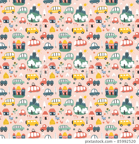 Cute Cars Seamless Pattern, Cartoon transportation Doodles Background, vector Illustration Cute Cars Seamless Pattern, Cartoon transportation Doodles Background, vector Illustration 85992520