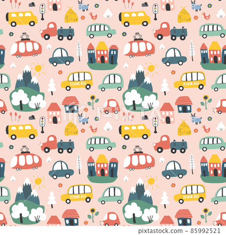 Cute Cars Seamless Pattern, Cartoon transportation Doodles Background, vector Illustration Cute Cars Seamless Pattern, Cartoon transportation Doodles Background, vector Illustration 85992521