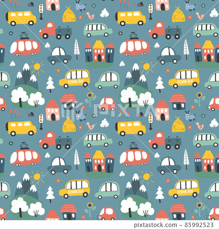 Cute Cars Seamless Pattern, Cartoon transportation Doodles Background, vector Illustration Cute Cars Seamless Pattern, Cartoon transportation Doodles Background, vector Illustration 85992523