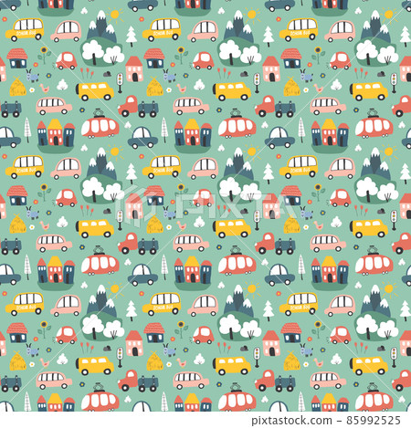 Cute Cars Seamless Pattern, Cartoon transportation Doodles Background, vector Illustration 85992525