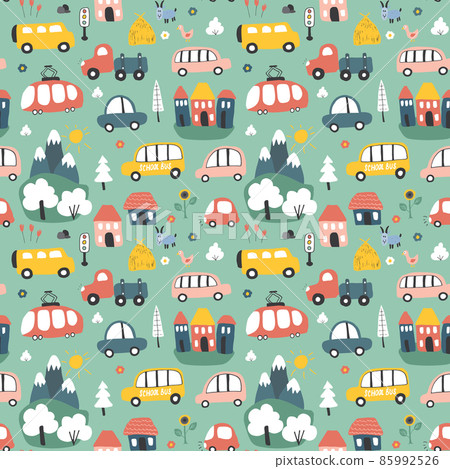 Cute Cars Seamless Pattern, Cartoon transportation Doodles Background, vector Illustration Cute Cars Seamless Pattern, Cartoon transportation Doodles Background, vector Illustration 85992526