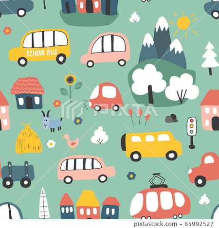 Cute Cars Seamless Pattern, Cartoon transportation Doodles Background, vector Illustration 85992527